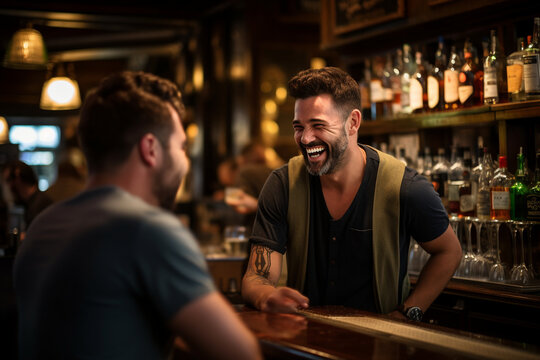 Craft from behind a heartwarming bokeh-laden photo of the bartender sharing a laugh with a regular customer, epitomizing the friendly atmosphere of the bar. Generative AI