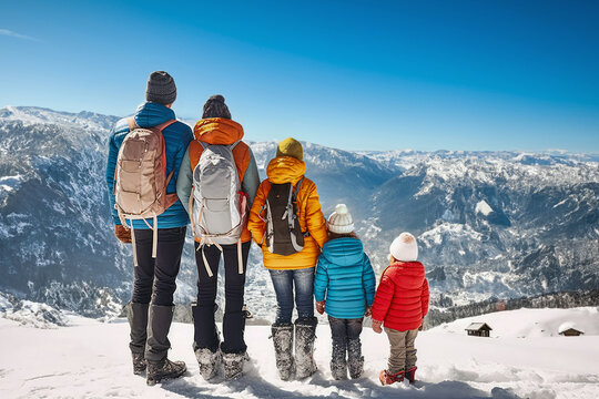 Familie in Wintermode blickt vom schneebedeckten Berg &uuml;ber die Winterlandschaft. Winterurlaub mit Kindern.