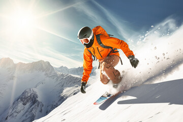 Mann bei einer rasanten Abfahrt auf einem Snowboard im Winterurlaub.