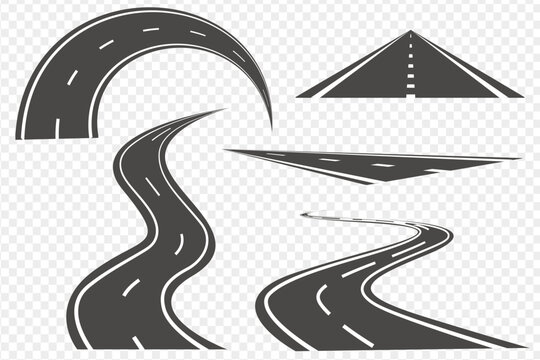 Set of Bending roads and highways vector illustrations. Road, winding highway isolated. Road with white lines