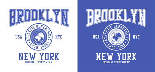 Brooklyn, New York t-shirt design with World globe. Sport tee shirt with Earth globe. Brooklyn apparel print in college style. Vector illustration.