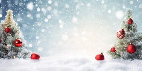 Fototapeta na wymiar Beautiful Festive Christmas snowy background. Christmas tree decorated with red balls and knitted toys in forest in snowdrifts in snowfall outdoors generative AI