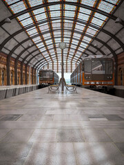 old classic train station and trains no people 3d render