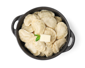 Serving pan with delicious dumplings (varenyky) isolated on white, top view