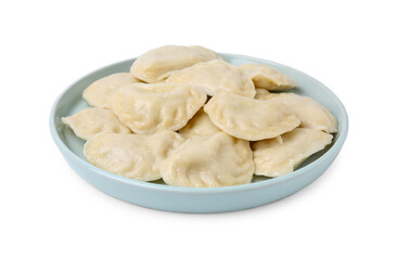 Plate of delicious dumplings (varenyky) isolated on white