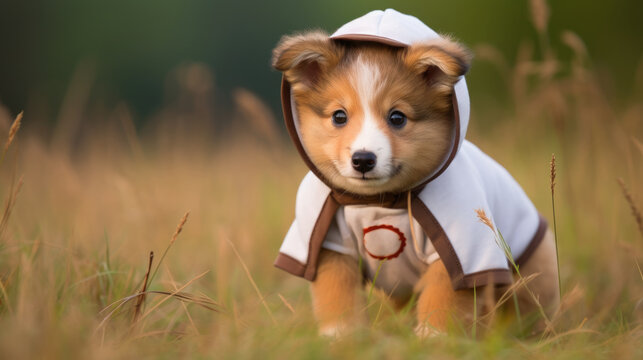 Shetland sheepdog puppy on green grass field. Dog wearing in white coat with hood. AI photography.