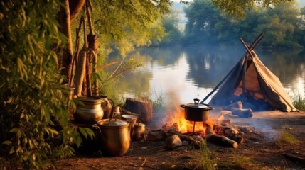 Tourists set up a camping camp on the bank of the river. Resting on the lake by the campfire.