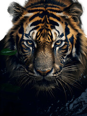 Tiger with scary eyes isolated on white background, transparent cutout