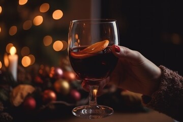 Obraz na płótnie Canvas A glass of wine in a hand against the background of a Christmas tree and glare. With Generative AI technology