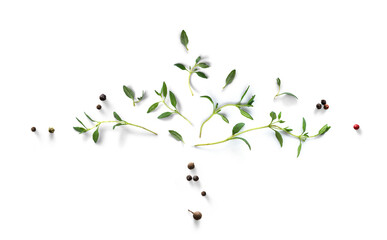 Fresh green organic thyme leaves and peper isolated on white background. Transparent background and natural transparent shadow; Ingredient, spice for cooking. collection for design - 629559781