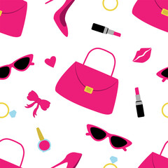 Vector seamless pattern with pink barbie doll accessories. Barbie background