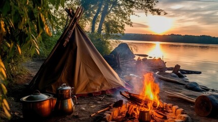 Tourists set up a camping camp on the bank of the river. Resting on the lake by the campfire.