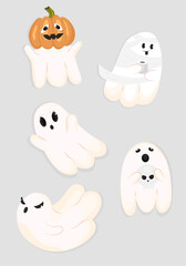 Sticker pack with funny ghosts on a light grey background. Cute flying souls, halloween characters. Ghosts in flight, scary ghosts, different emotions, pumpkins, mummy