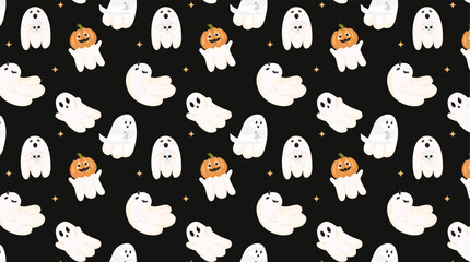 pattern with funny ghosts on a black background. Cute flying souls, halloween characters. Ghosts in flight, scary ghosts, different emotions, pumpkins, mummy