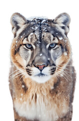 Portrait of a cougar snow isolated on white background