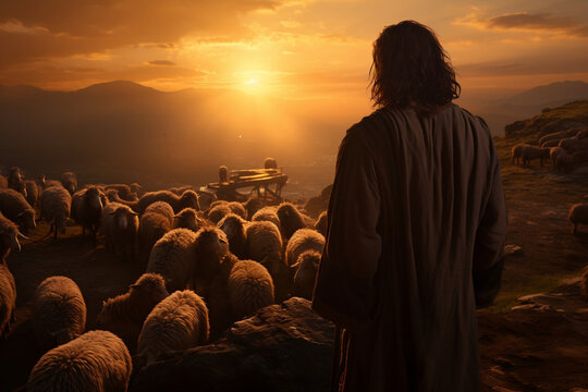 Rays of Hope, Jesus, the Good Shepherd, leading His flock during sunrise