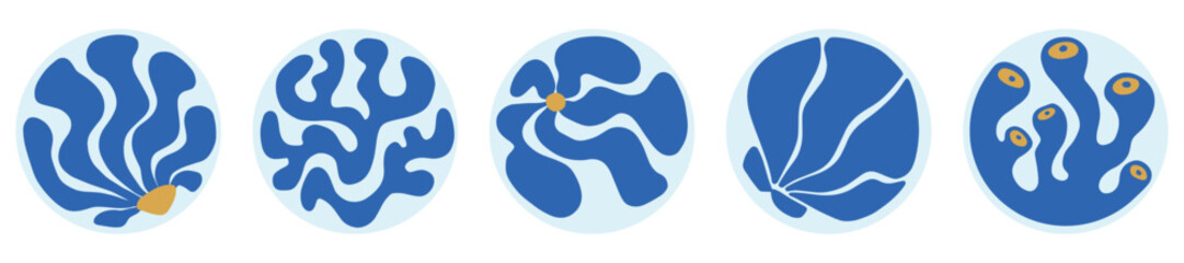 Doodle curve aestethic Sticker in Round Shape. Groovie Abstract Blue Flower, Coral, Seaweed, Seashell in Naive Retro Style. Hippie Backgrounds for T-Shirts, Wallpaper, Case Phone.