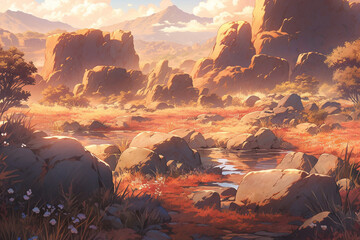 Sunlit anime vista: A vast rocky desert stretches out, bathed in golden hues, embodying the stark beauty of arid wilderness.