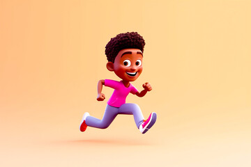 Virtual avatar with baby face black boy or man running and simple bright pastel background