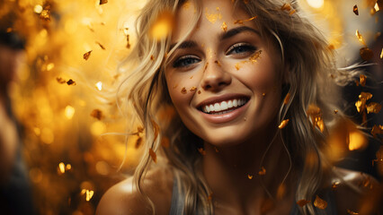 Close-up portrait of happy beautiful female with shiny golden confetti on background and space for text. Smiling pretty woman on celebration party. Yellow and orange color palette, 16:9 ratio