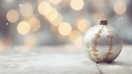 Decorative christmas baubles in snowfall against bokeh background. Selective focus and shallow depth of field.