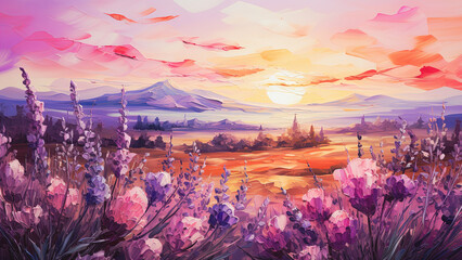 Oil painting beautiful sunset landscape over flower field with mountains on background. Pink and violet colors palette, 16:9 art ratio