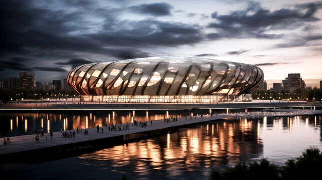 He marvels at the stunning stadium architecture, highlighted by the sun's rays.