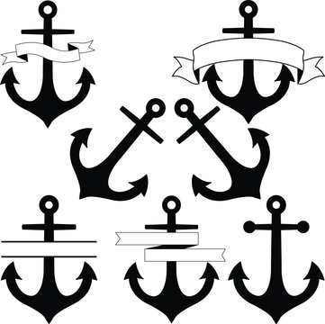 Set of anchor with ribbon illustration. Anchor silhouettes