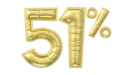 51 percent discount. Gold glossy balloon in the shape of a number. 3D rendering