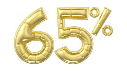 65 percent discount. Gold glossy balloon in the shape of a number. 3D rendering