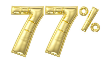 77 percent discount. Gold glossy balloon in the shape of a number. 3D rendering