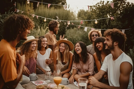 Young Happy Friends Gathered Together To Spend Summer Evening Enjoying Pleasant Conversation, Delicious Food In Backyard  Outdoors