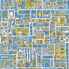Cartoon city map with houses, streets and trees. Blue, yellow and white town plan top view. Vector tile
