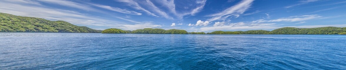 Fototapeta na wymiar Panoramic view over turquoise blue water to a tropical island in Palau