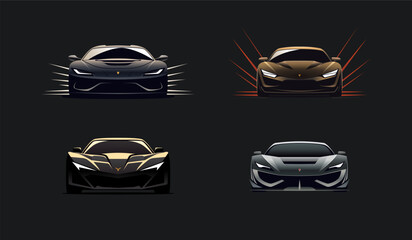 Front view sports car logo icon set on dark background. Sports luxury car icon. Motor sport vehicle emblem. Automotive showroom garage sign. Vector illustration