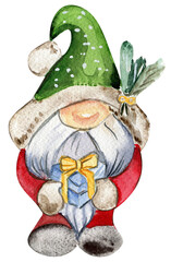 Watercolor scandinavian Christmas gnome. Christmas decoration and characters. Watercolor elements.Design for baby shower party, birthday, cake, holiday celebration design, greetings card, invitation.
