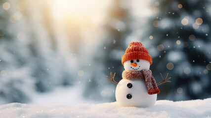 Snowman smiling and standing in snowfall. Winter landscape, bokeh forest background.