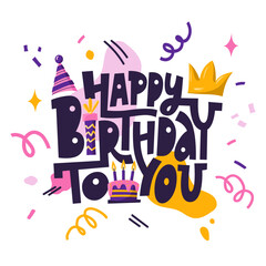 Congratulations text. Happy Birthday to you. Greeting card for family, friends, colleagues. Postcard, banner, congratulate, publication social network. Vector Cartoon illustration for poster, print