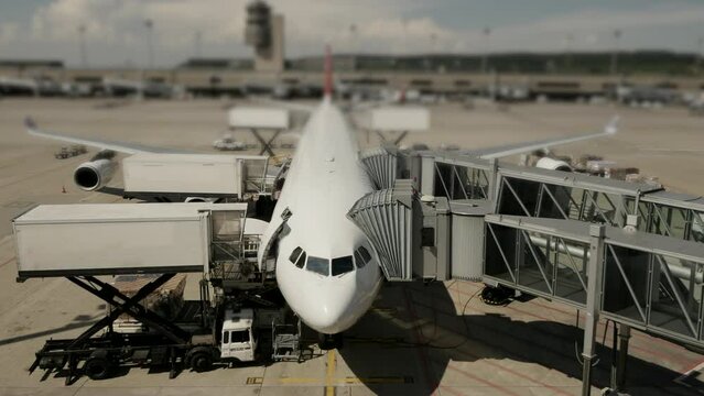 Commercial airplane landing at airport terminal runway after flight