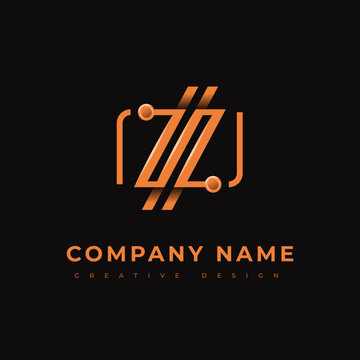 Modern Logo Fiber Optic Cable. Letter Z. Icon circuit board orange parallel line. Sign technology, engineering, network. Electronics, motherboard, processor, computer. Vector Design Template
