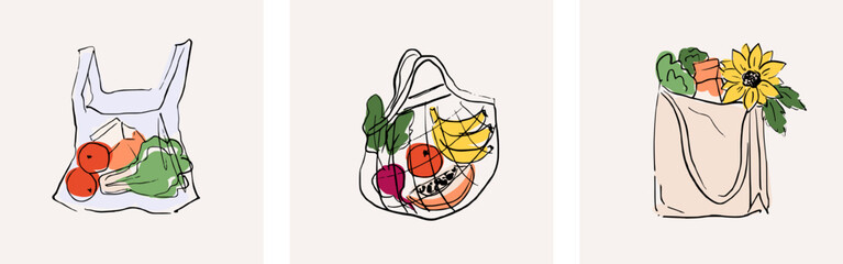 Grocery shopping bags with produce. Fruits and veggies in various reusable shopping bags.
