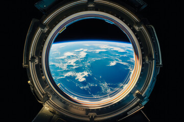 Beyond Horizons: Earth's Beauty from Space. a View of the earth from the porthole of a satellite. Generated AI.