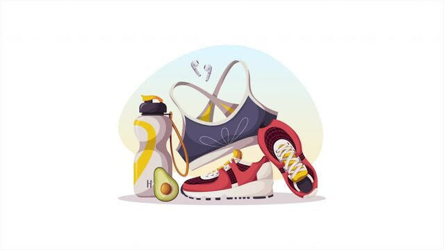 Sneakers, sports bra, bottle, avocado. Sport, fitness, training, sportswear, sporting goods store, workout concept. Animation video.