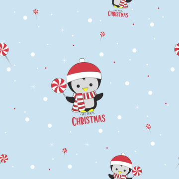 Christmas vector seamless pattern with a cute little penguin character on blue background. Christmas wrapping paper for children. Penguin holding Christmas sweets pattern background