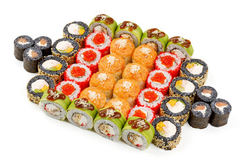 a large set of rolls and maki and crunch rolls with salmon, red caviar, mango and avocado on a white background for a restaurant menu, studio shooting 1