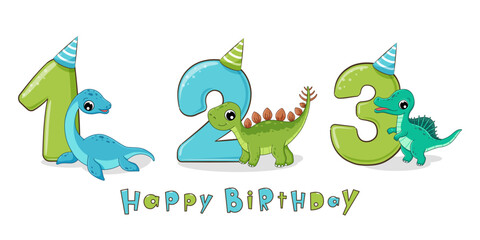 Cute dinosaur birthday party with numbers 1, 2, 3. First, second and third birthday. © Arina