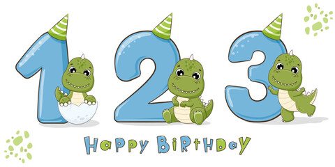 Cute dinosaur birthday party with numbers 1, 2, 3. First, second and third birthday. © Arina