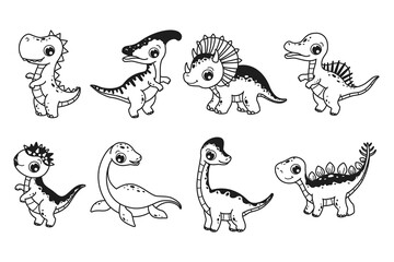Clipart set of cute baby dinosaurs. Triceraptor, t-rex, tyrannosaurus, triceraptor, stegosaurus, pachycephalosaurus, parasaurolophus, spinosaurus. Vector illustration in cartoon style.