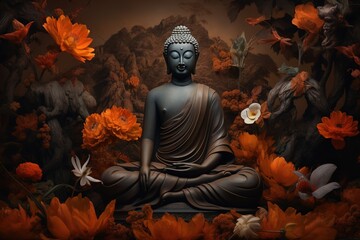 Buddha statue surrounded by orange flowers on a black background.Generative Ai