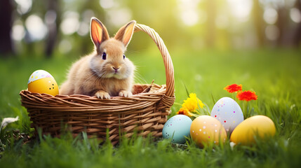 Little rabbit in the egg basket, cute decoration Generative AI illustrations